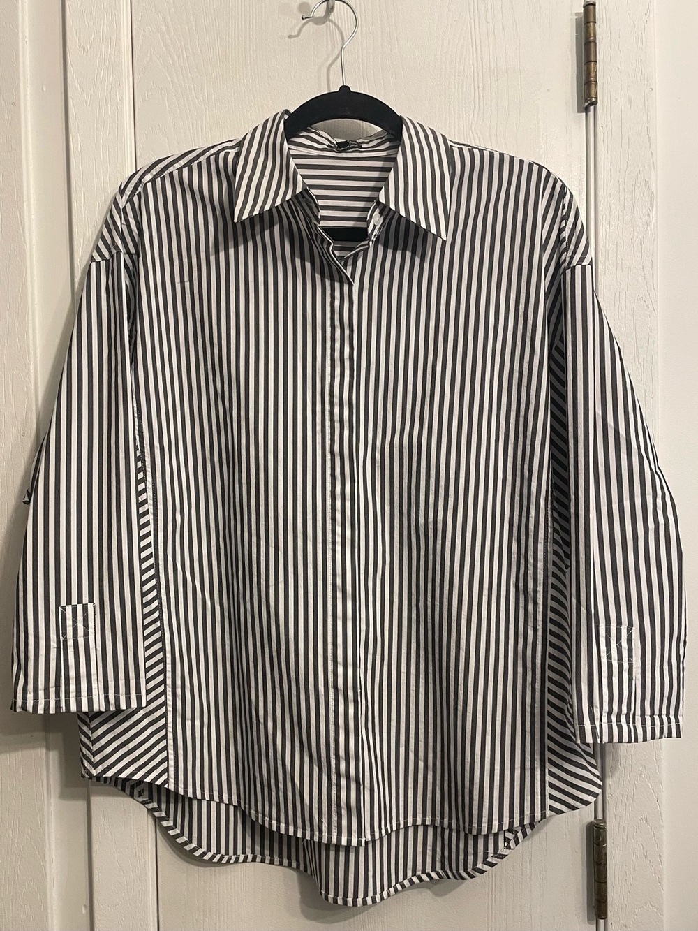Express Black and White Vertical Stripe Button-Down Top